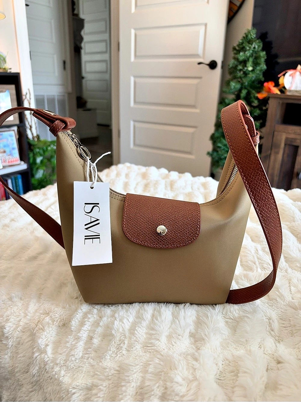 ISAVIE Lena Crescent Bag Nylon Shoulder Crossbody Bag in Brown & Beige NWT